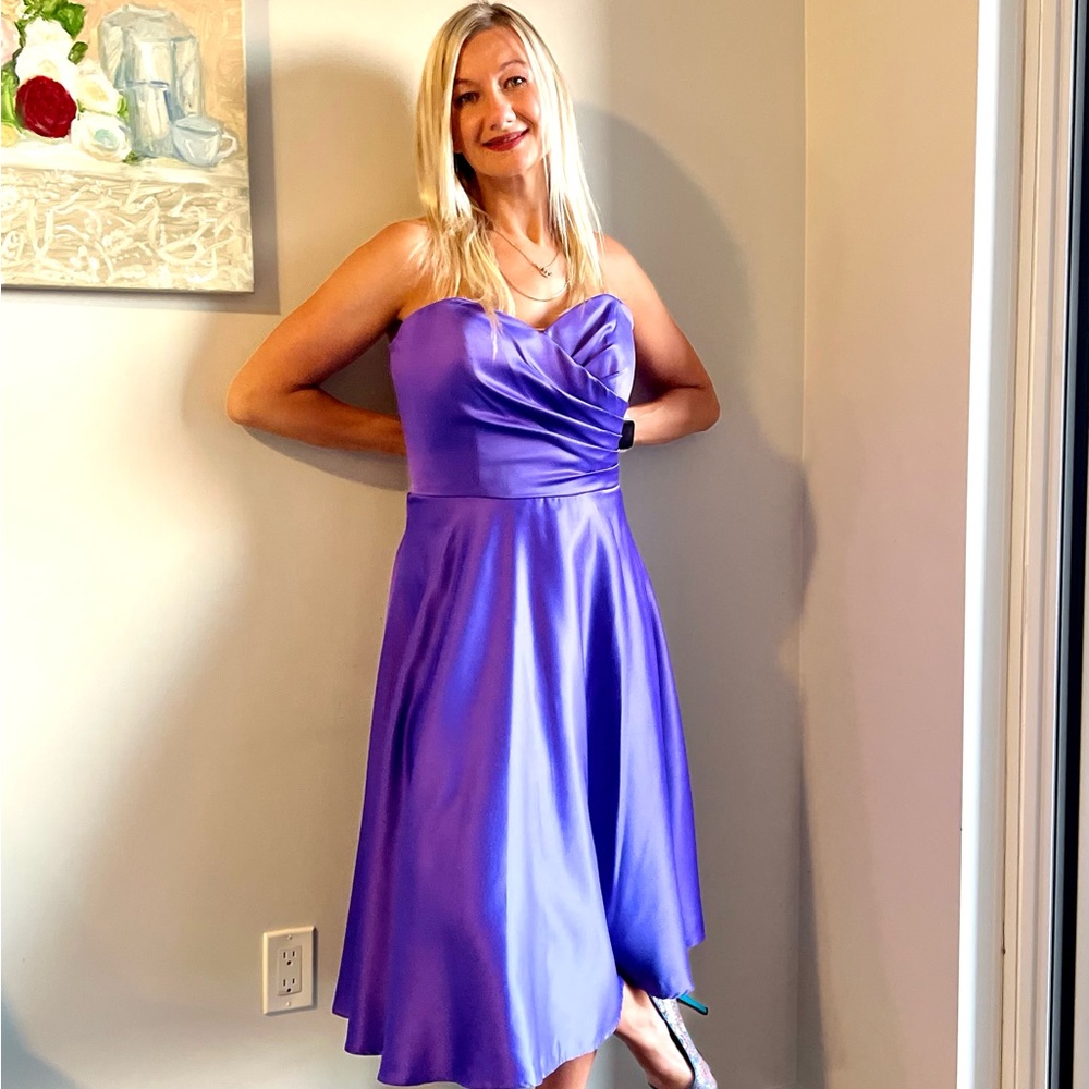 Chic satin new party gown with an elegant skirt violet colour